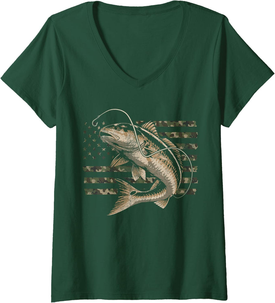 Women's Texas Redfish Fishing Distressed Camo Flag V-Neck T-Shirt - Dark Green