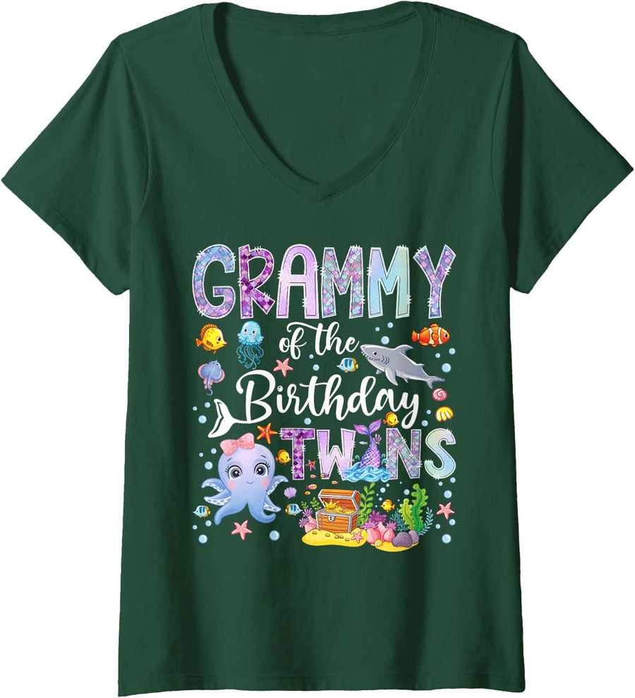 Women's Grammy of The Birthday Twins Under The Sea Mermaid V-Neck T-Shirt - Dark Green