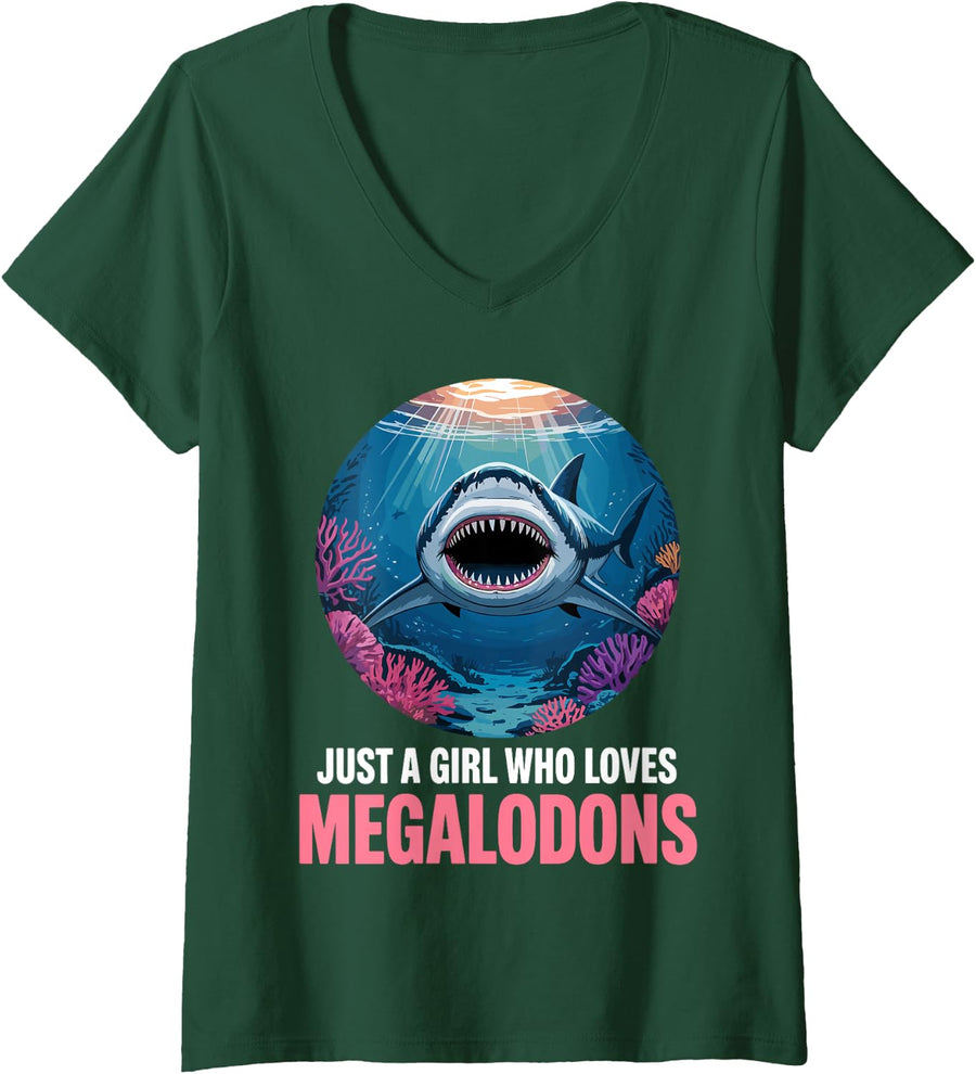 Women's Cute Megalodon Art for Girls Women Prehistoric Shark Lover V-Neck T-Shirt - Dark Green