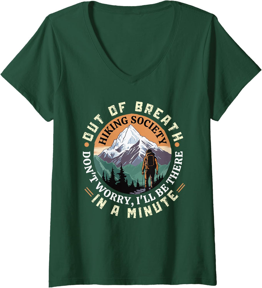 Women's Out of Breath Hiking Society for Men Women Hiker Nature Love V-Neck T-Shirt - Dark Green