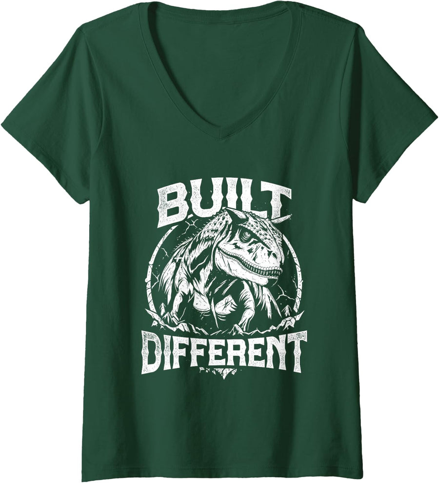 Women's Carnotaurus Built Dino Different Vintage Dinosaur Lover V-Neck T-Shirt - Dark Green