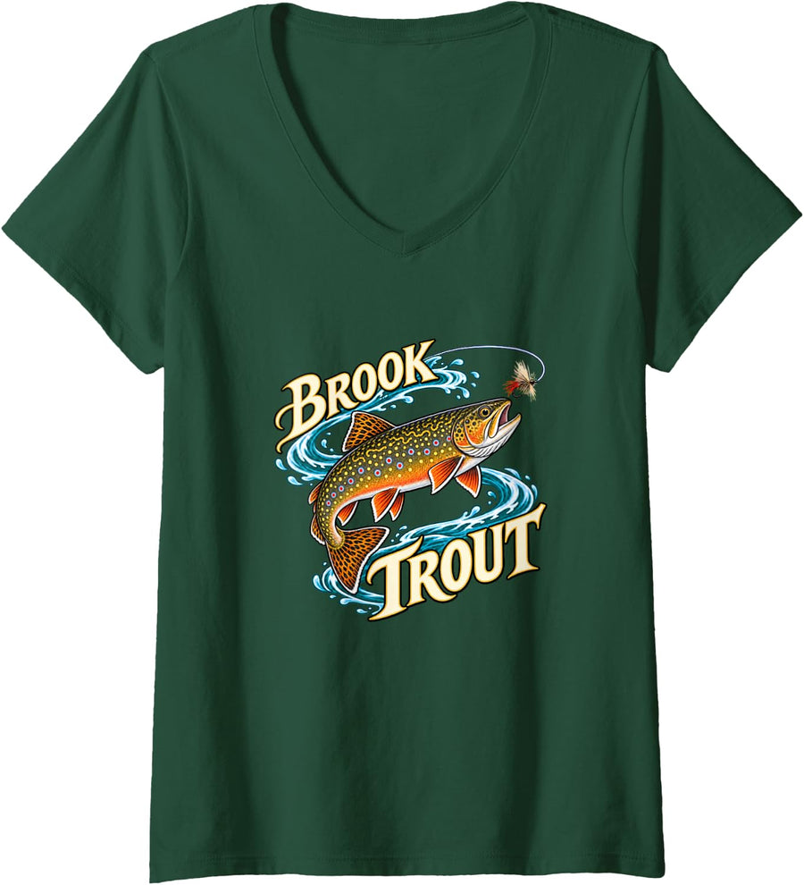 Women's Brook Trout Fly Fishing River Angler Enthusiast V-Neck T-Shirt - Dark Green