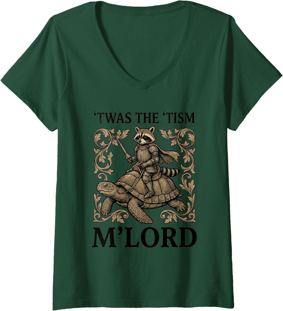 Women's Absurdist Humor Quote TWAS The Tism Mlord Heraldic Style V-Neck T-Shirt - Dark Green