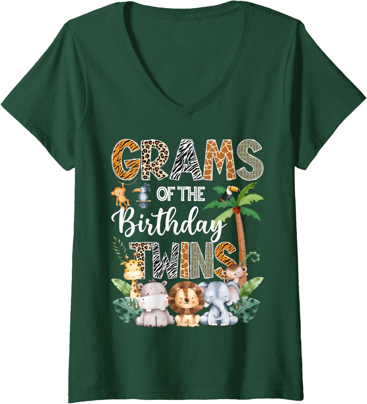 Women's Grams of The Birthday Twins Safari Jungle Animal Lover V-Neck T-Shirt - Dark Green