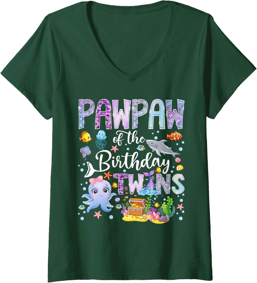 Women's Pawpaw of The Birthday Twins Under The Sea Mermaid V-Neck T-Shirt - Dark Green