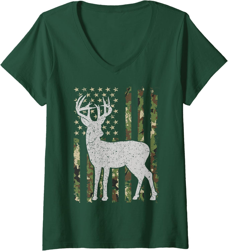 Women's Camo US Flag Deer Elk Buck Camoflage Hunting Hunter Men Kids V-Neck T-Shirt - Dark Green