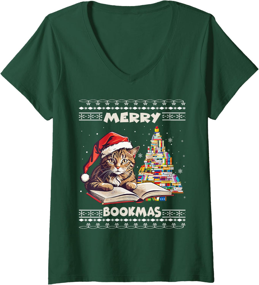 Women's Merry Bookmas Cat Reading A Book Ugly Christmas Sweater Xmas V-Neck T-Shirt - Dark Green