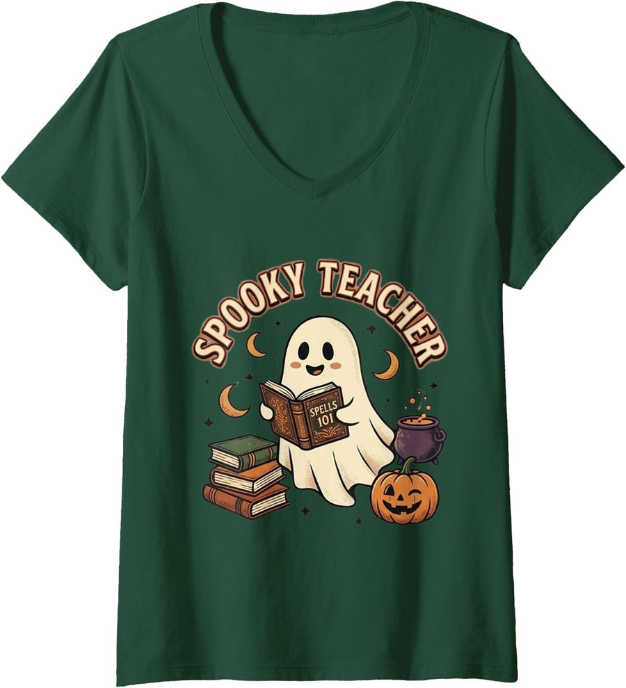 Women's Spooky Teacher Ghost Reading is Magical Halloween Design V-Neck T-Shirt - Dark Green
