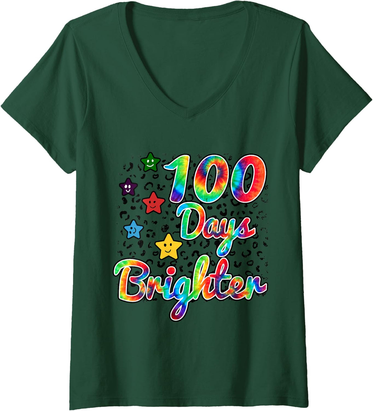 Women's Tie Dye 100 Days Brighter Student Happy 100th Day of School V-Neck T-Shirt - Dark Green