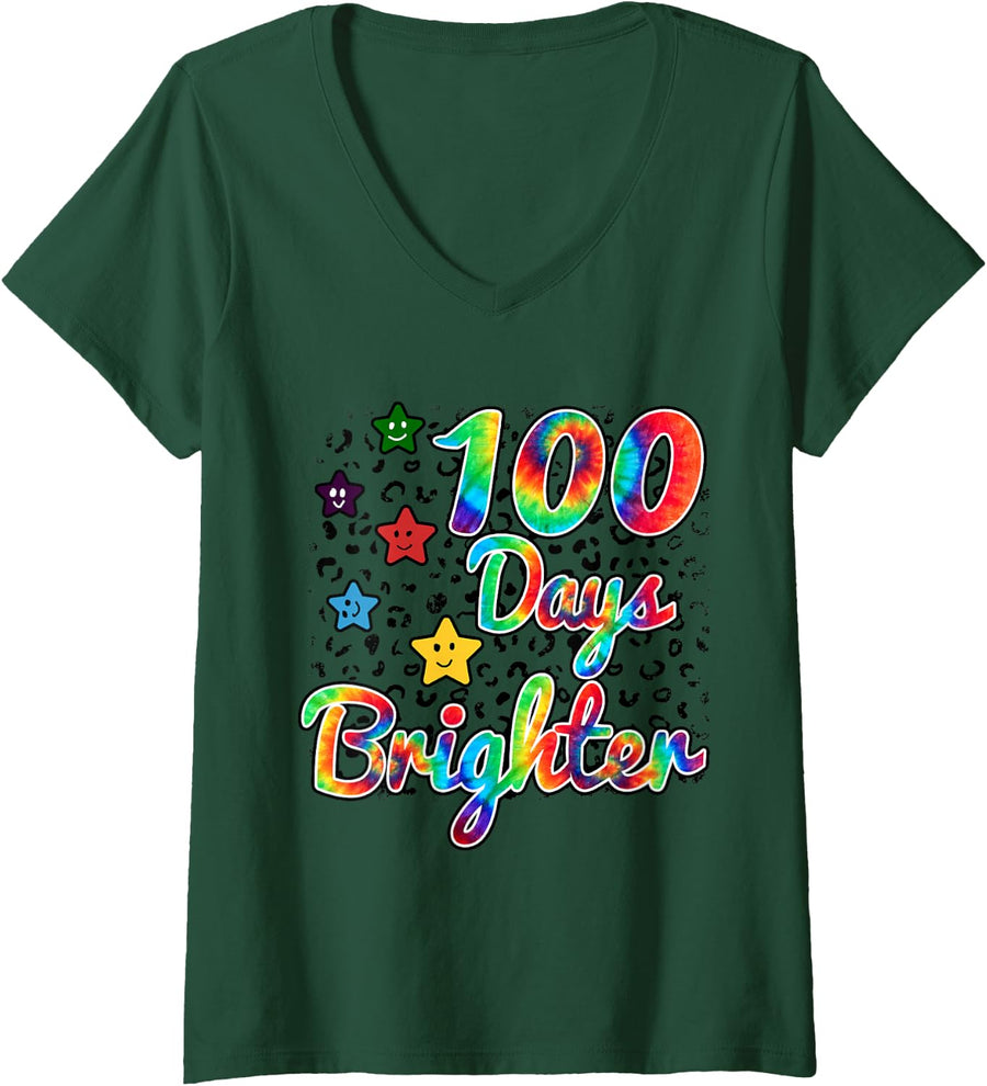 Women's Tie Dye 100 Days Brighter Student Happy 100th Day of School V-Neck T-Shirt - Dark Green