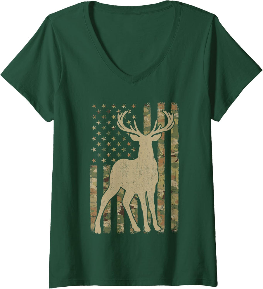 Women's Camouflage American Flag USA Hunter Deer Hunting Elk Buck V-Neck T-Shirt - Dark Green