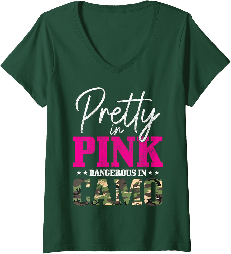 Women's Hunting Camouflage Funny Pig Deer Elk Hunter V-Neck T-Shirt - Dark Green