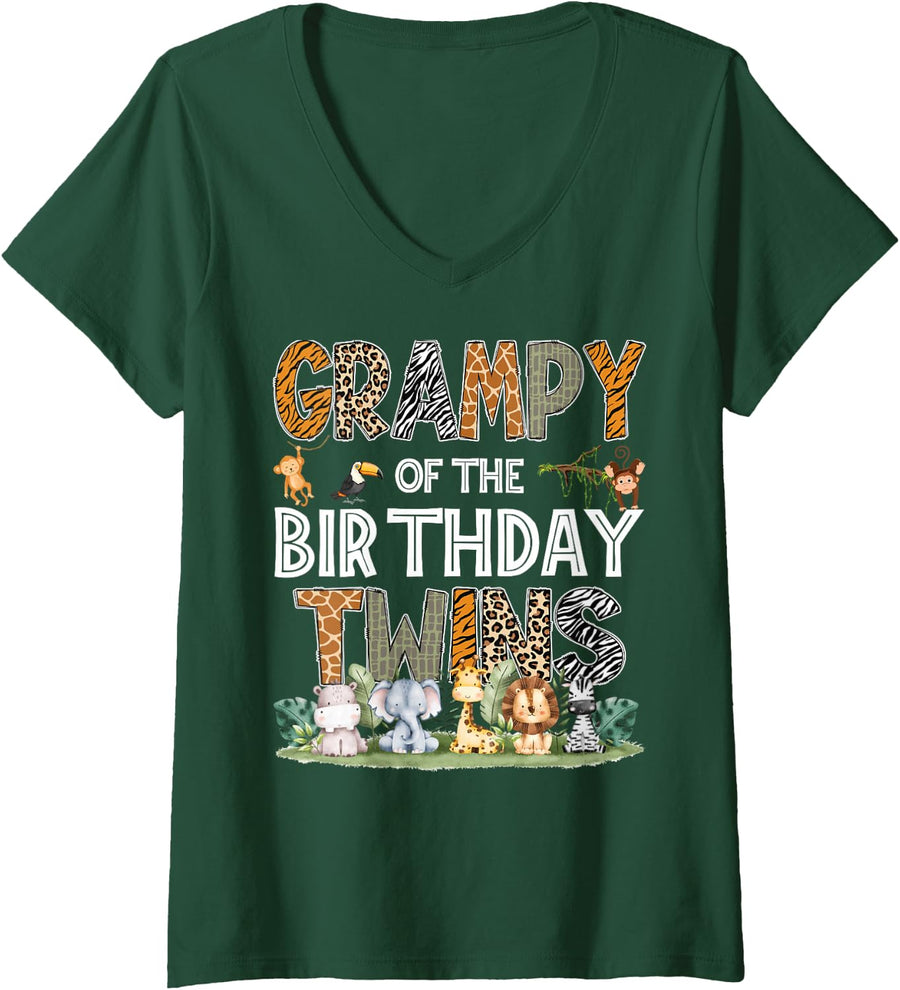 Women's Grampy of The Birthday Twins Safari Wild One Zoo Animal V-Neck T-Shirt - Dark Green