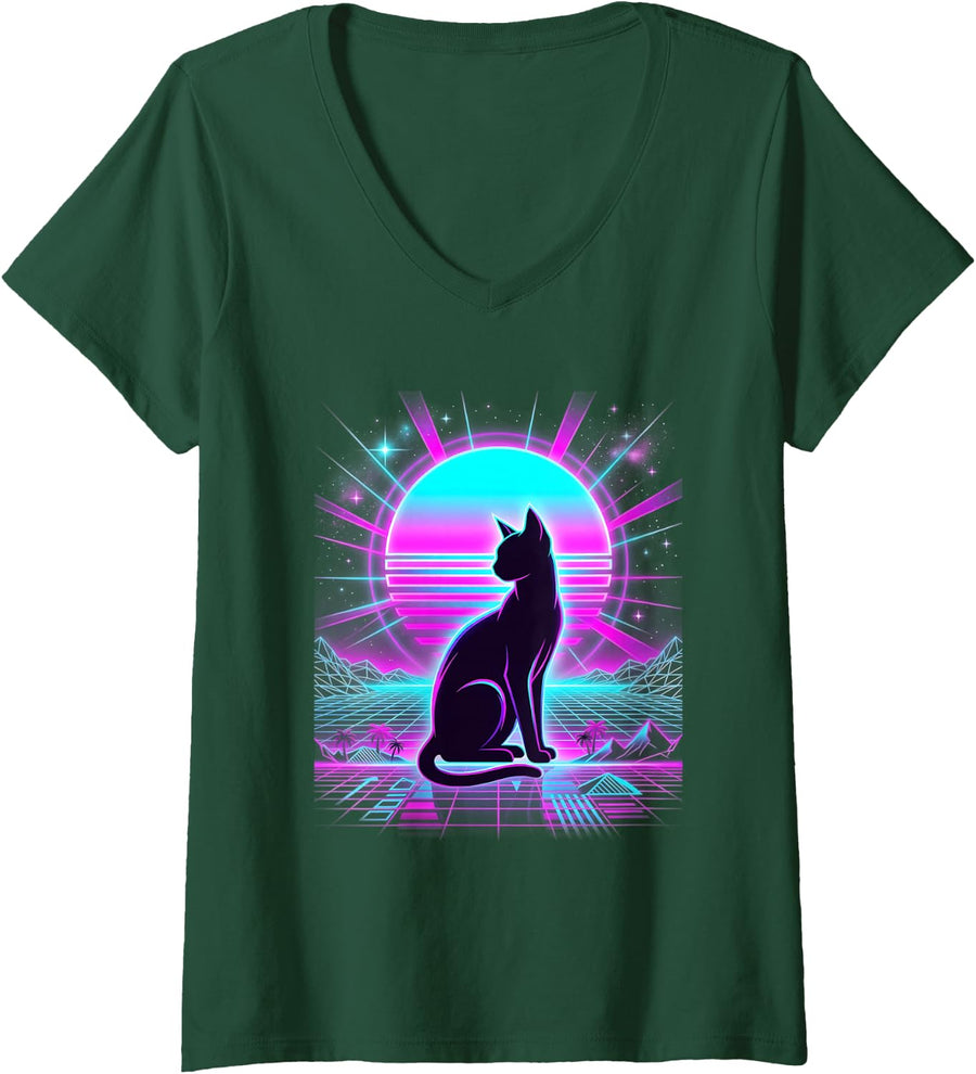 Women's Retro Synth Pop Cat Silhouette Candy Synthwave Sunset V-Neck T-Shirt - Dark Green