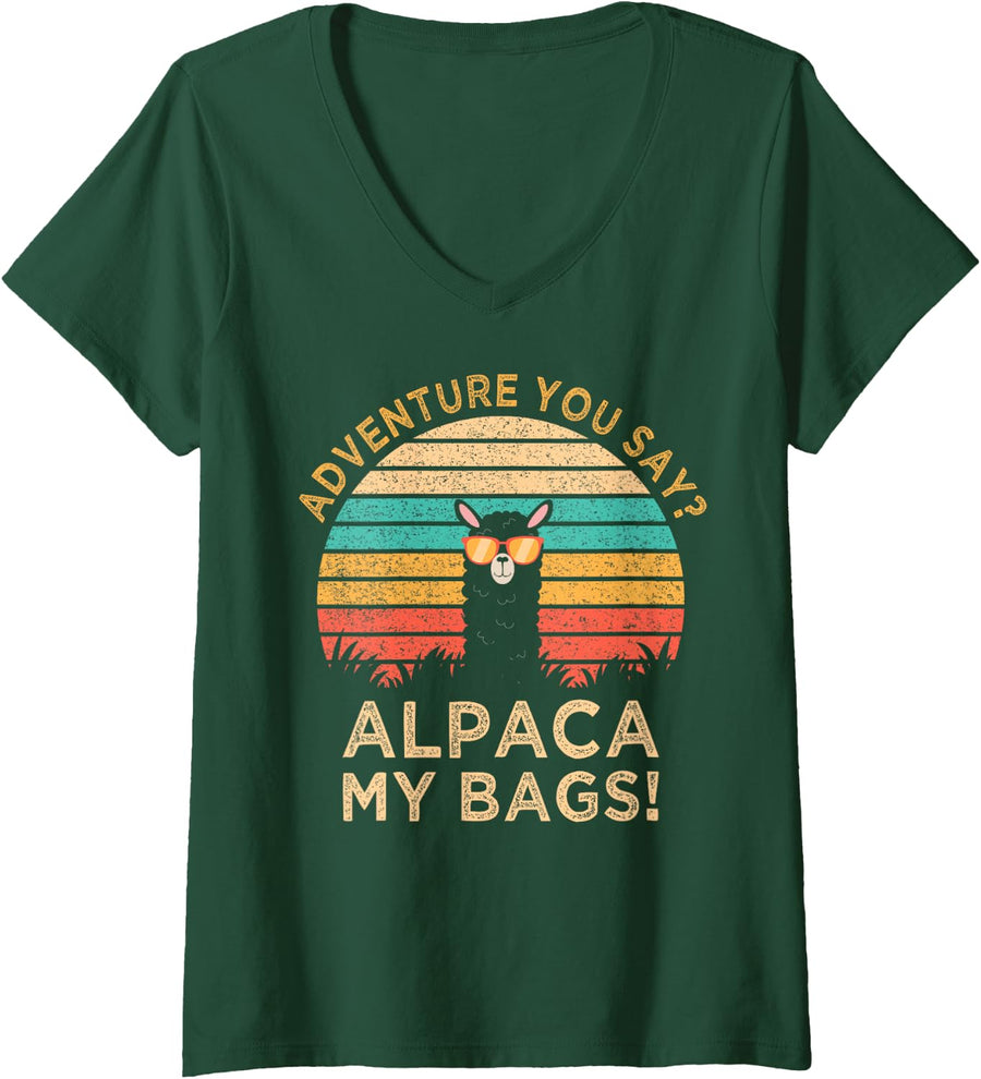 Womens Adventure You Say? Alpaca My Bags Vintage Funny Travel Gift V-Neck T-Shirt - Dark Green