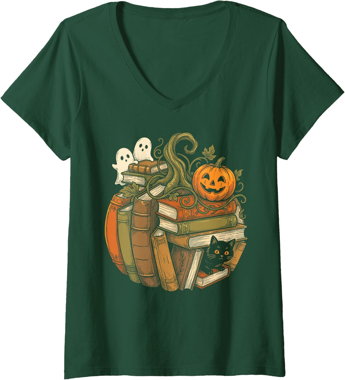 Women's Pumpkin Reading Book Lovers Teacher Librarian Halloween Fall V-Neck T-Shirt - Dark Green