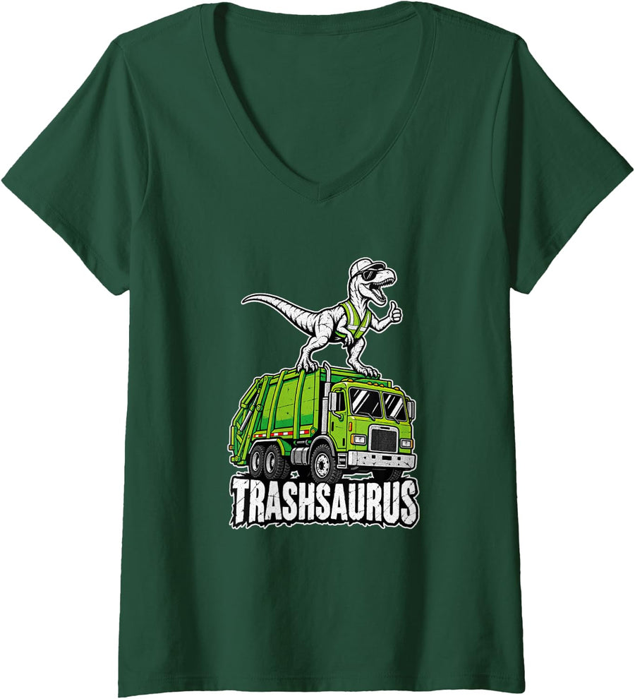 Women's Trashsaurus, Garbage Truck Driver V-Neck T-Shirt - Dark Green