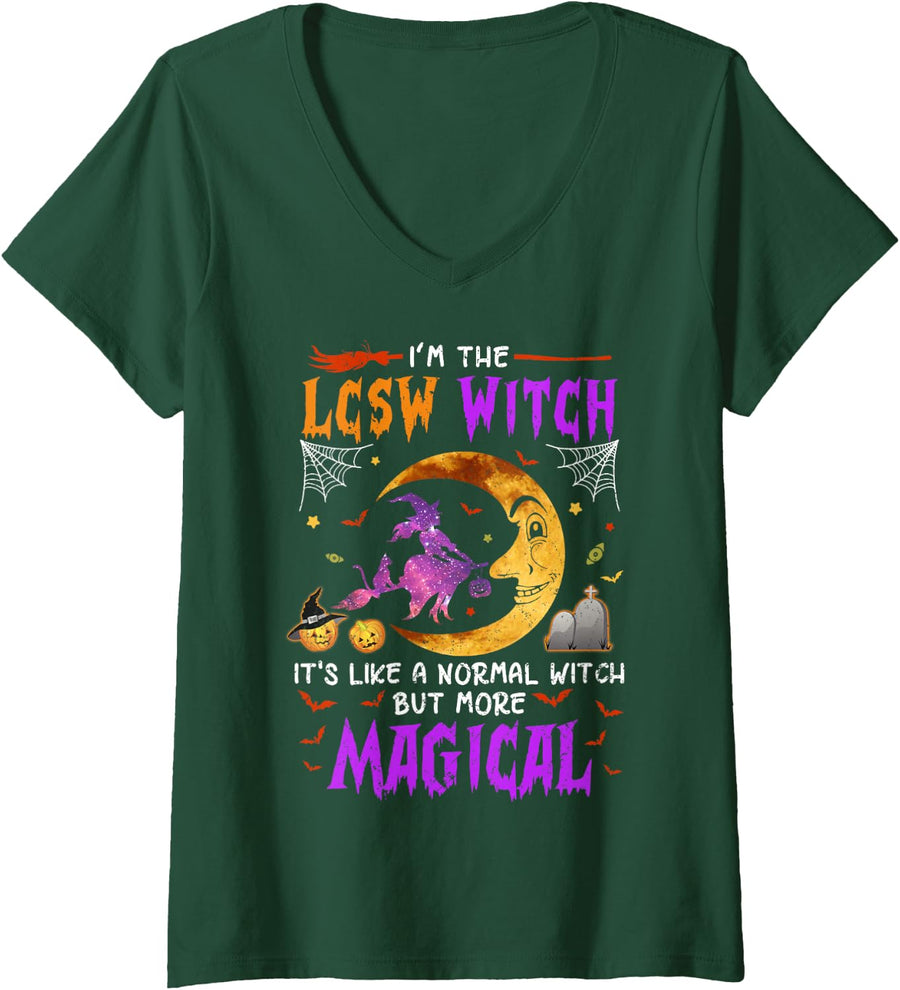 Women's I'm LCSW Witch Magical Fun Halloween Clinical Social Worker V-Neck T-Shirt - Dark Green