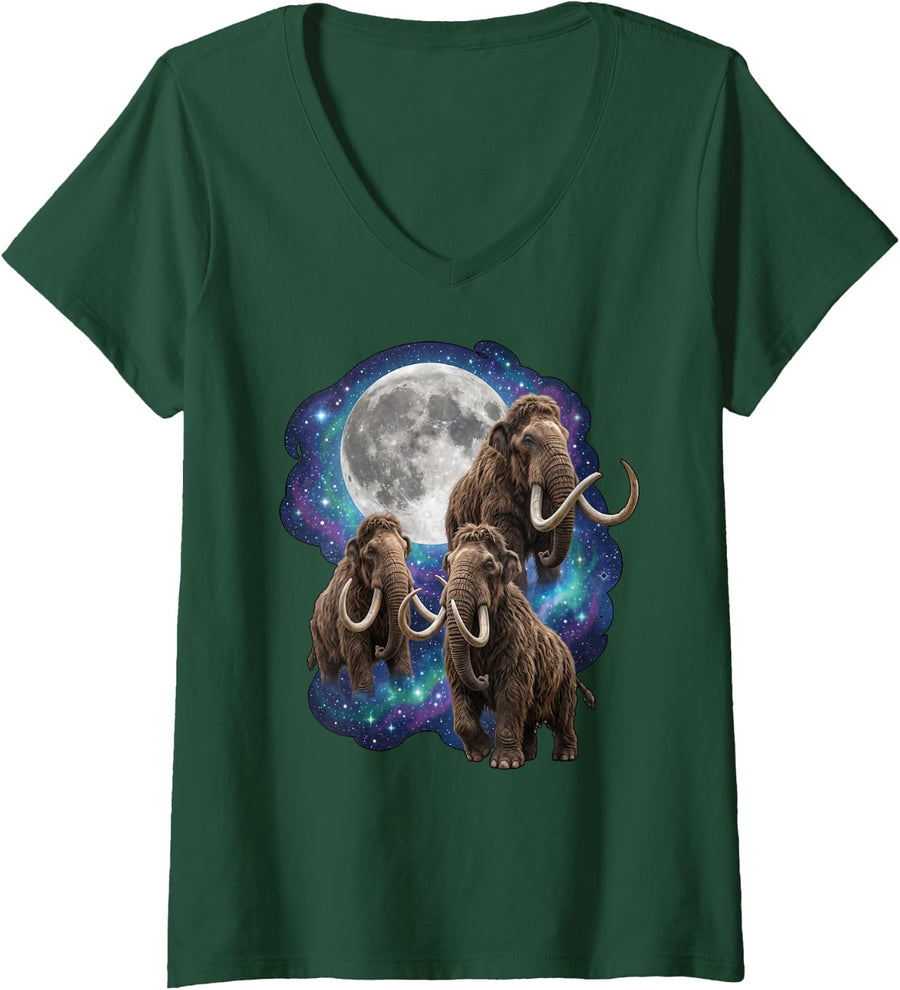Women's Howling in Moon Mammoths Extinct Animal Woolly Mammoth V-Neck T-Shirt - Dark Green
