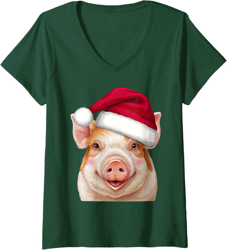 Women's Funny Pig Santa Hat Christmas Animal Lover Men Women Kids V-Neck T-Shirt - Dark Green