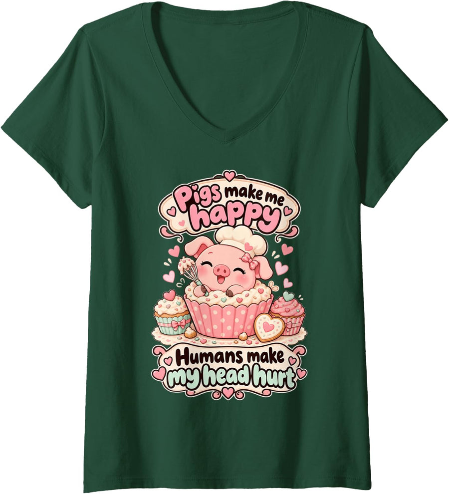 Women's Pigs Make Me Happy Kawaii Piglet Funny Piggy Bakery Pig V-Neck T-Shirt - Dark Green