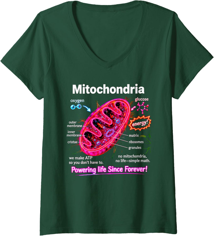 Women's Biology Tshirt Mitochondria Cell Funny Science Biologist Men V-Neck T-Shirt - Dark Green