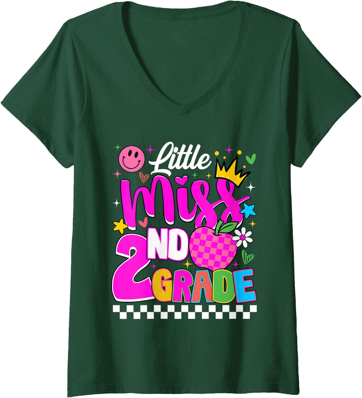 Women's Little Miss 2nd Grade Cute First Day of School Girl Student V-Neck T-Shirt - Dark Green