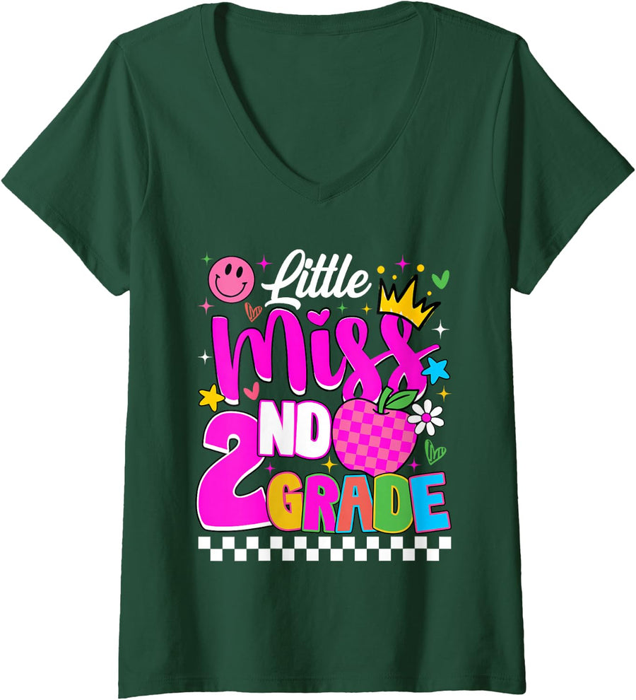 Women's Little Miss 2nd Grade Cute First Day of School Girl Student V-Neck T-Shirt - Dark Green