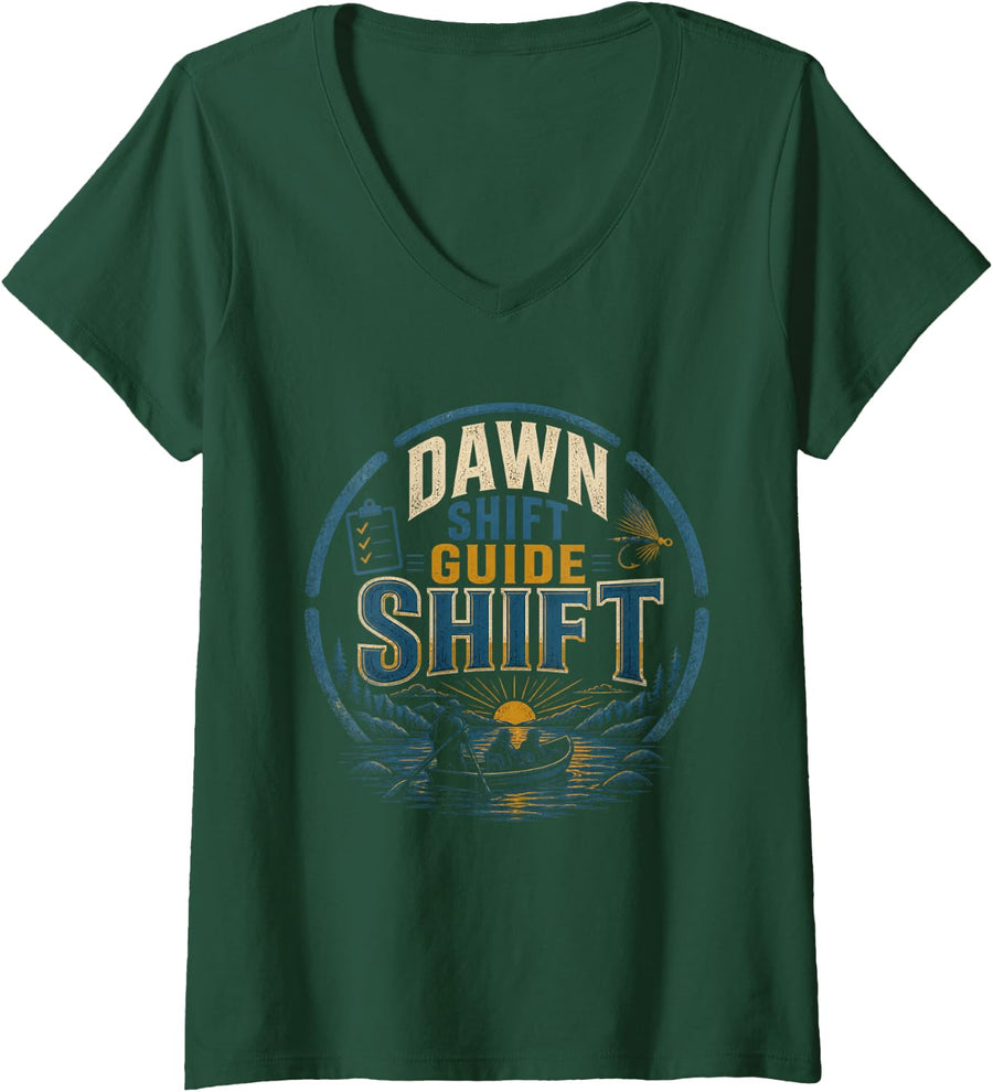 Women's Dawn Shift Guide Shift Fly Fishing Trout Angler Dry Fly V-Neck T-Shirt - Dark Green