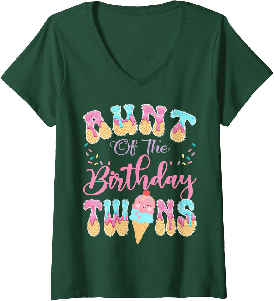 Women's Aunt of The Birthday Twins Sweet Ice Cream Drip Party V-Neck T-Shirt - Dark Green