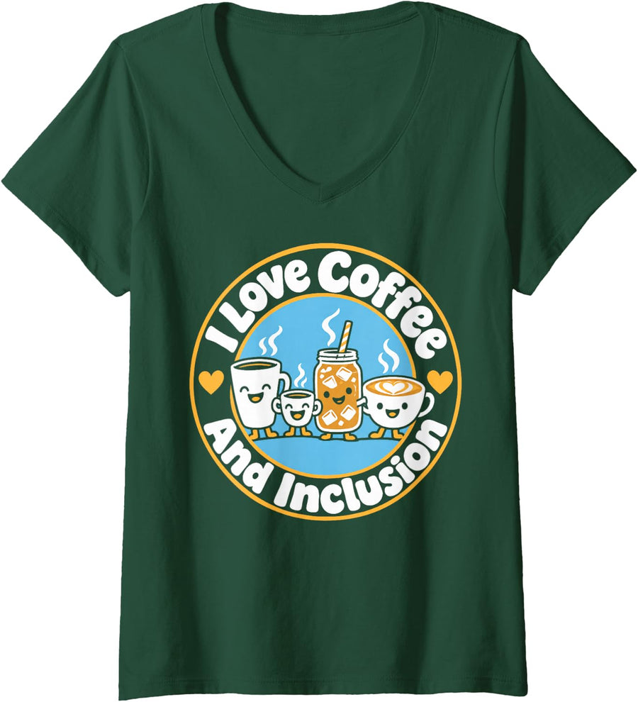 Women's I Love Coffee and Inclusion - Sped Teacher V-Neck T-Shirt - Dark Green
