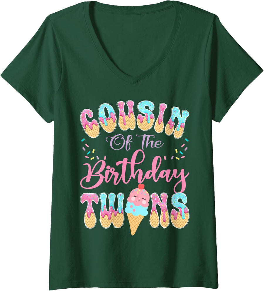 Women's Cousin of The Birthday Twins Sweet Ice Cream Drip Party V-Neck T-Shirt - Dark Green