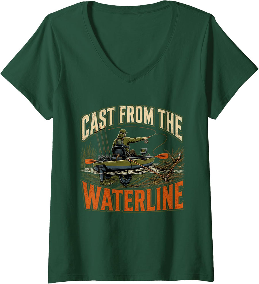 Women's Cast from The Waterline Kayak Fishing Angler V-Neck T-Shirt - Dark Green
