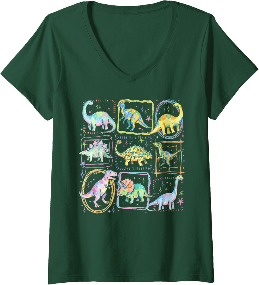 Women's Whimsical Dinosaur Colorful Cute Dino Identification V-Neck T-Shirt - Dark Green