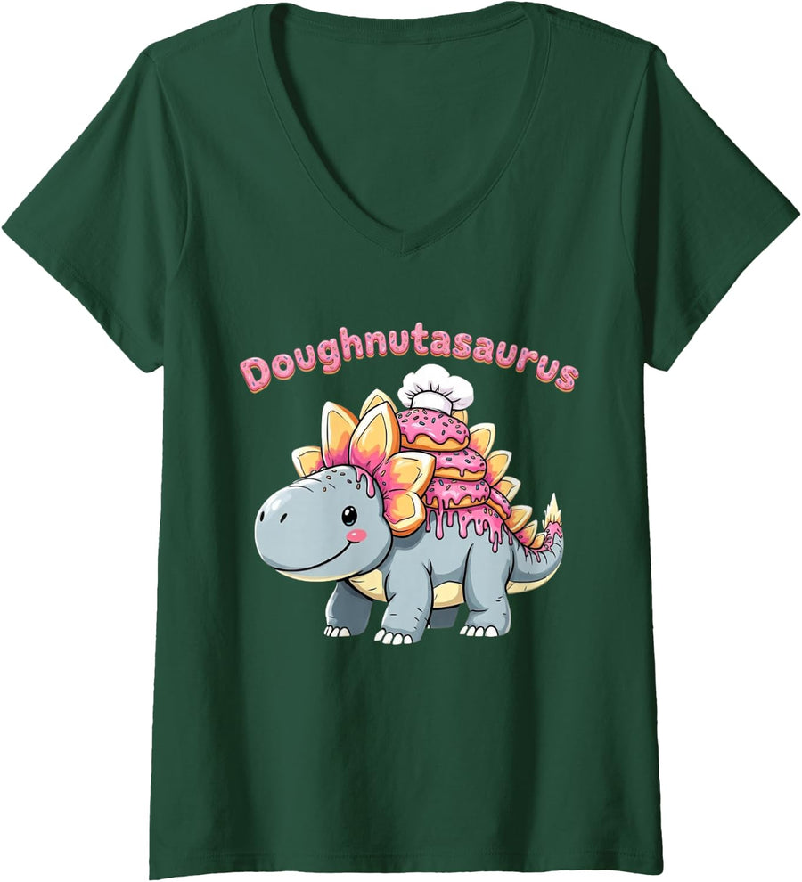 Women's Cute Doughnut Dinosaur Baking Funny Design Donut Lover Dino V-Neck T-Shirt - Dark Green