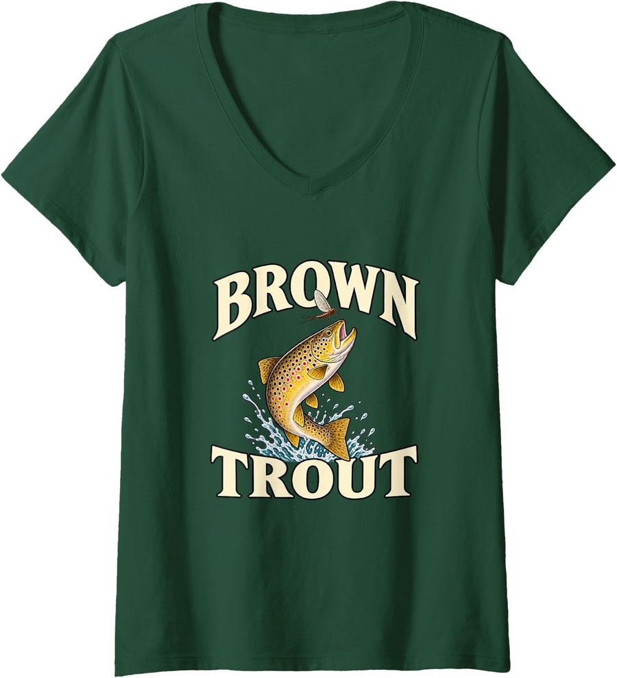 Women's Brown Trout Fly Fishing Freshwater Angler Humor V-Neck T-Shirt - Dark Green