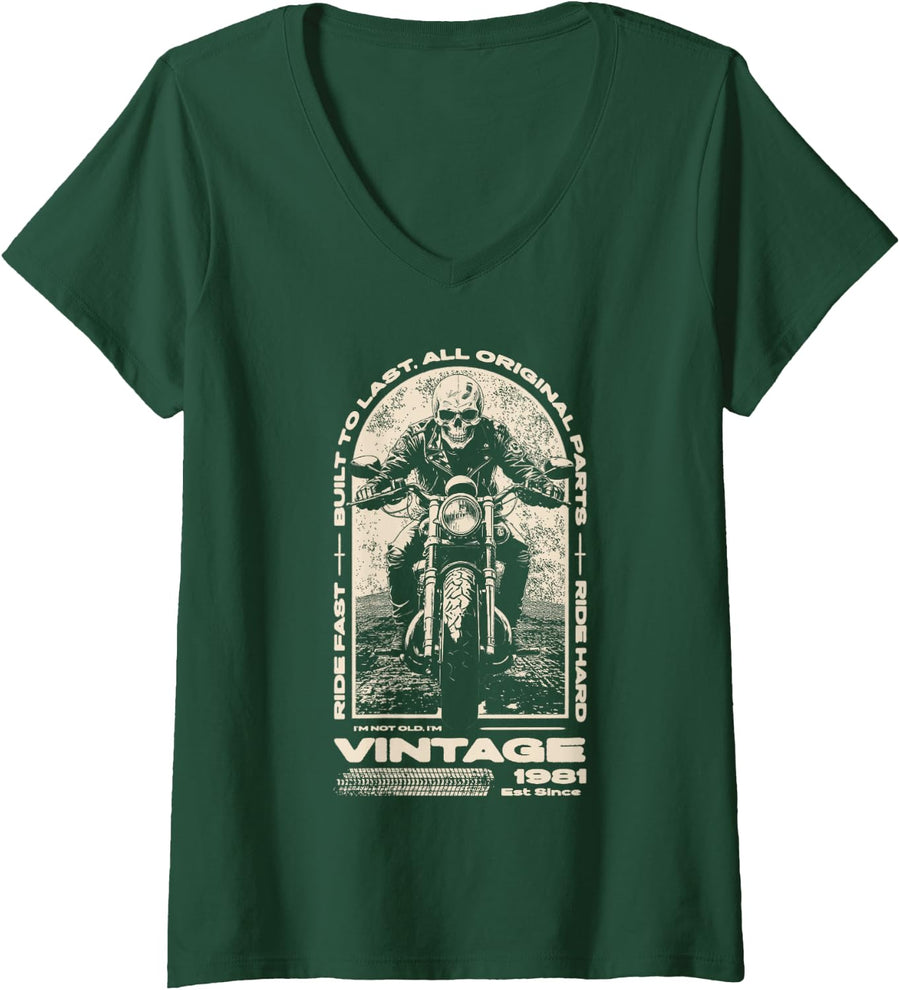 Women's Vintage Motorcycle Bikers Motorbike Birthday Born in 1981 V-Neck T-Shirt - Dark Green
