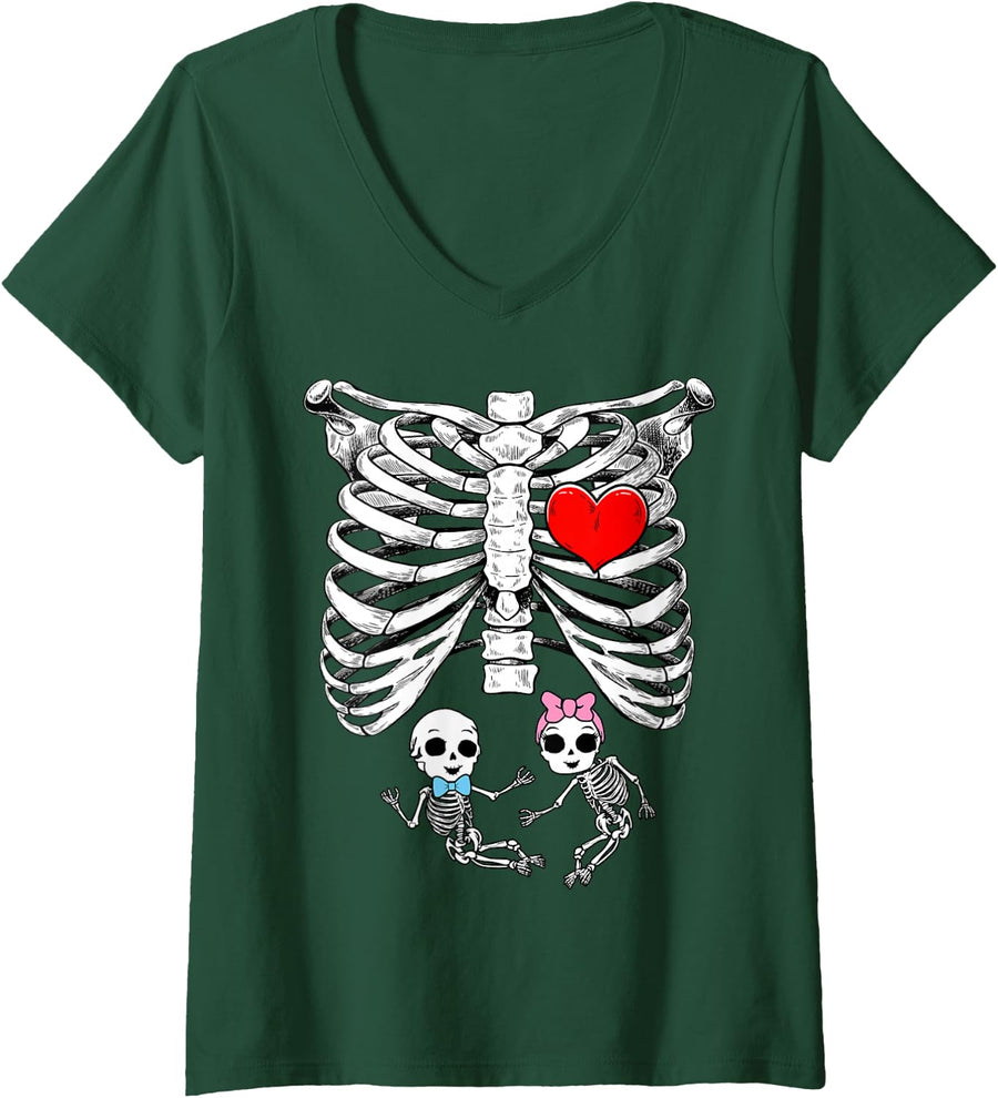 Women's Halloween Pregnancy Announcement Skeleton Girl Boy Twins V-Neck T-Shirt - Dark Green