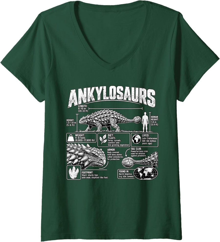 Women's Ankylosaurus Dinosaur Infographic Paleontology Field Guide V-Neck T-Shirt - Dark Green