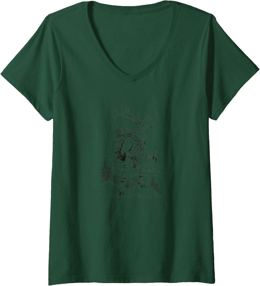Women's Elk Hiker Vintage Wilderness Mountain Adventure V-Neck T-Shirt - Dark Green