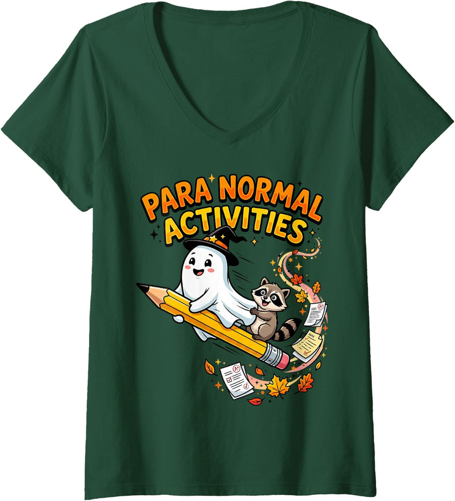 Women's para Normal Activities Ghost Raccoon SPED Teacher V-Neck T-Shirt - Dark Green