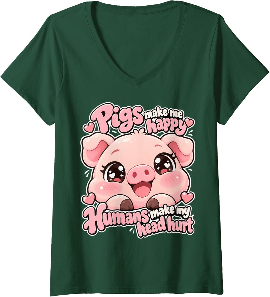 Women's Pigs Make Me Happy Kawaii Piglet Funny Giant Piggy Head V-Neck T-Shirt - Dark Green