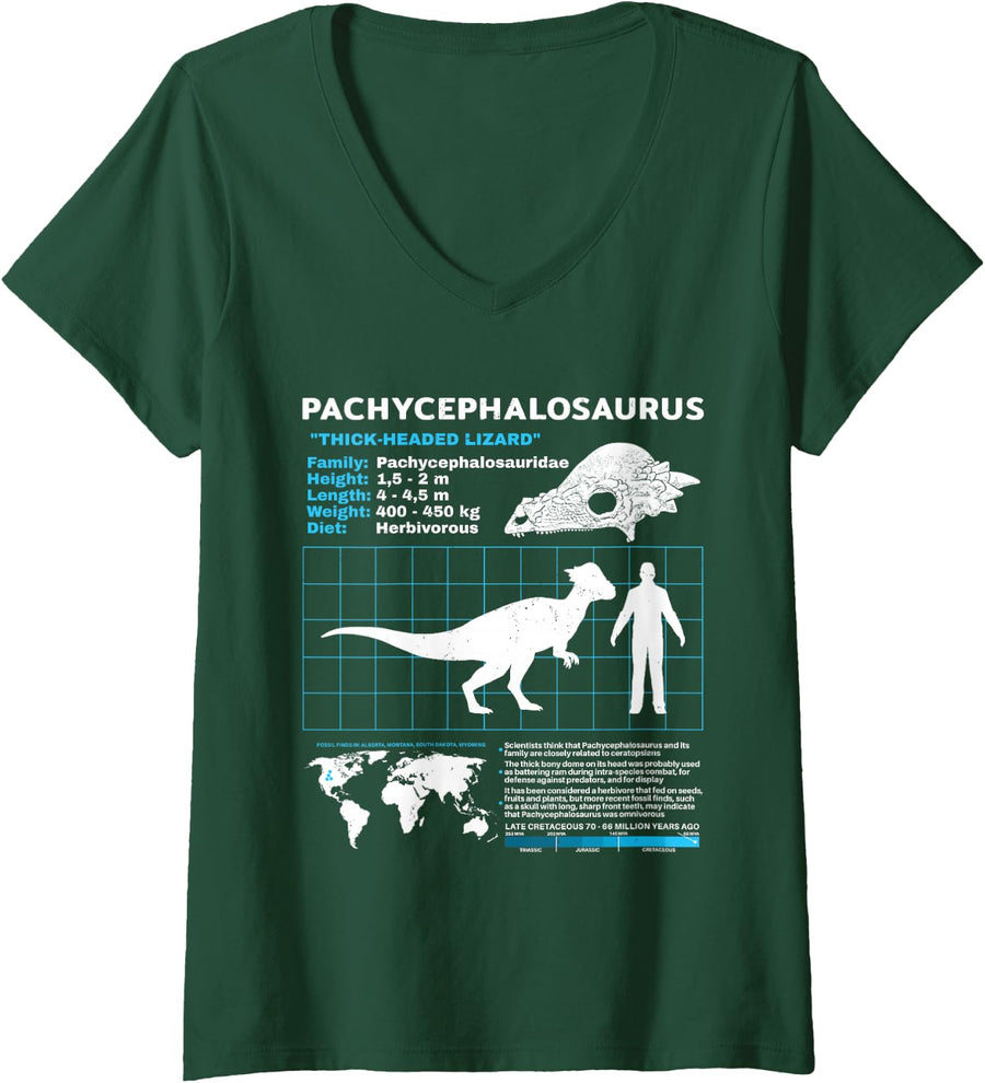 Women's Pachycephalosaurus fact Sheet Dinosaur Facts V-Neck T-Shirt - Dark Green