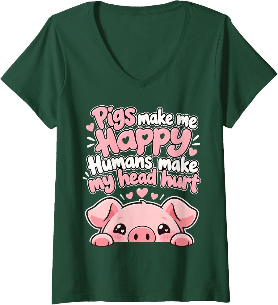 Women's Pigs Make Me Happy Kawaii Piglet Funny Piggy Love Pig V-Neck T-Shirt - Dark Green
