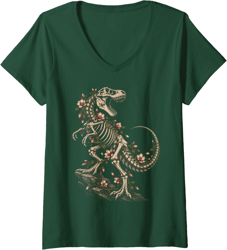 Women's Floral Tee Rex Skeleton Pink Flowers Dinosaur Botanical Art V-Neck T-Shirt - Dark Green