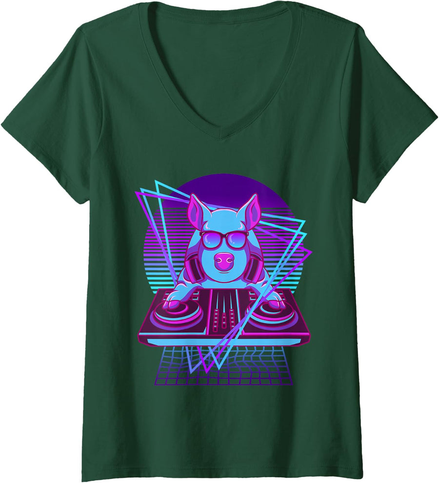 Women's Party Music Pigs 90s Retro Aesthetics DJ Pig V-Neck T-Shirt - Dark Green