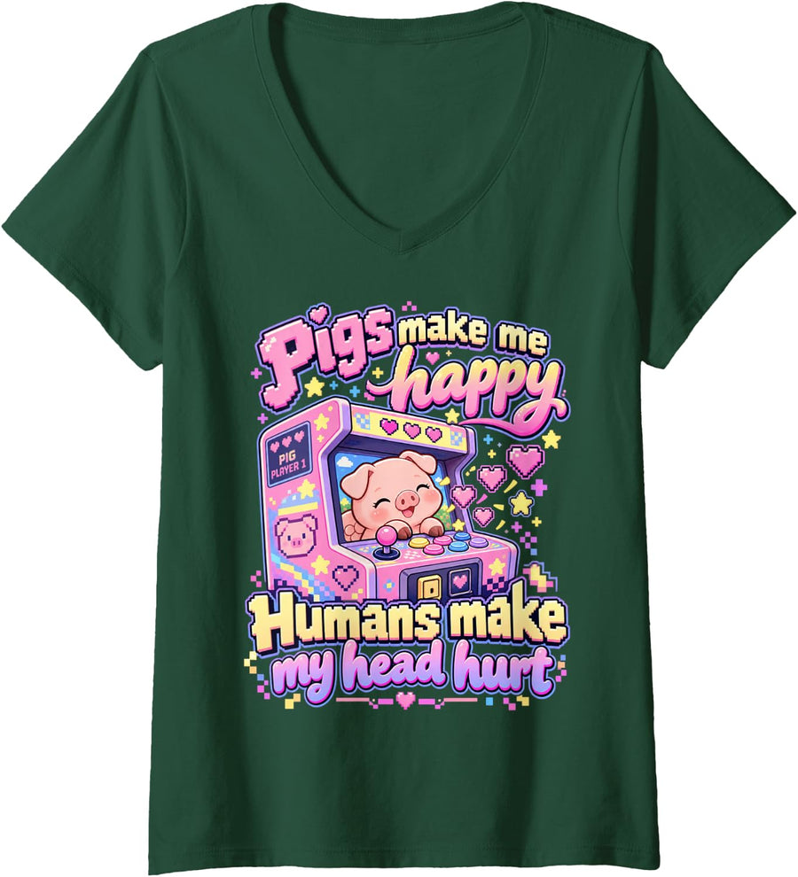 Women's Pigs Make Me Happy Kawaii Piglet Funny Piggy Retro Arcade V-Neck T-Shirt - Dark Green