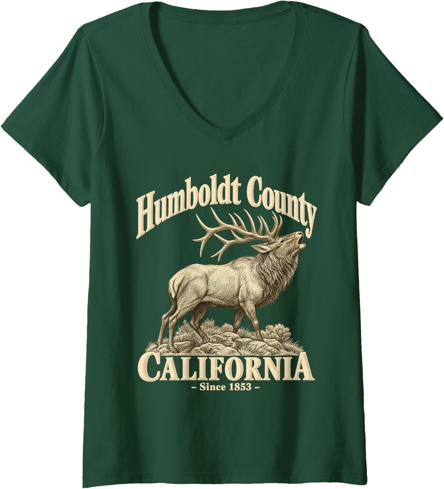 Women's Humboldt County California Elk Bugle Wildlife Resident. V-Neck T-Shirt - Dark Green