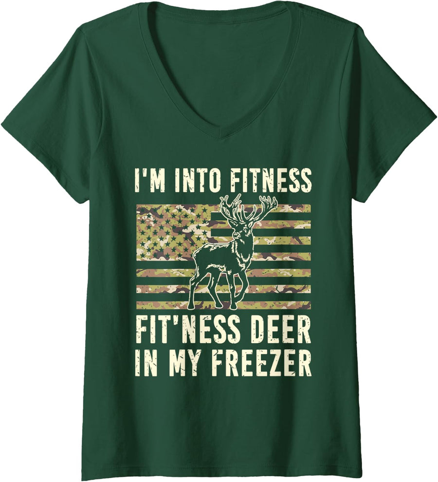 Women's Hunting-Shirt Camo US Flag Deer Elk Camoflage Hunter Dad V-Neck T-Shirt - Dark Green