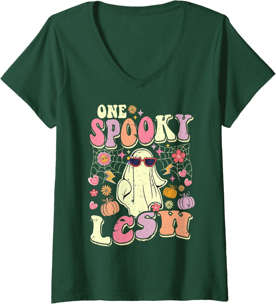 Women's One Spooky LCSW Halloween Ghost Clinical Social Worker V-Neck T-Shirt - Dark Green
